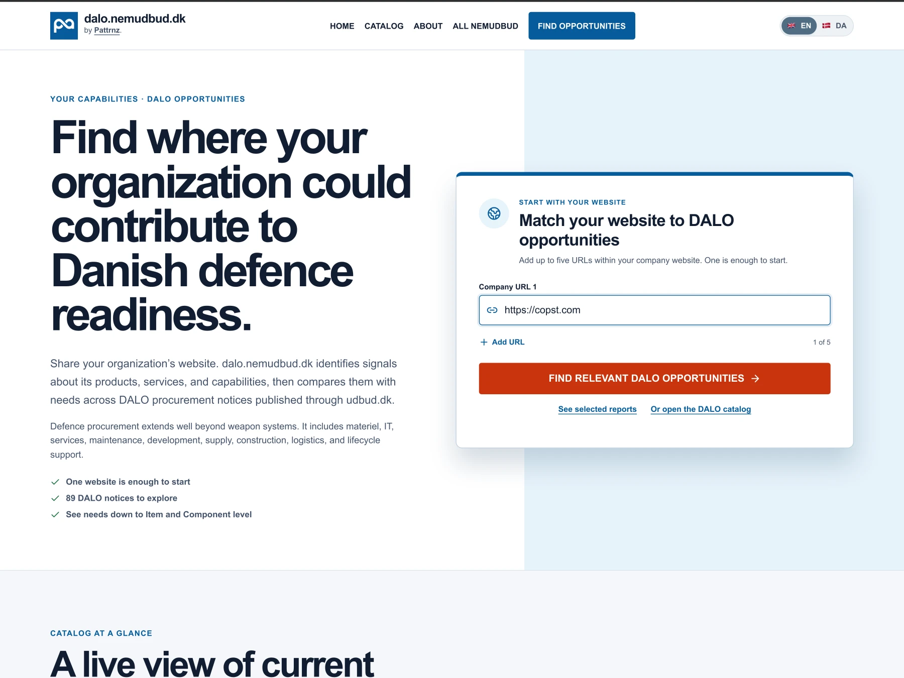 DALO Smart Hub showing the company website matching form and defence procurement overview